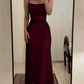 Burgundy Spaghetti Straps Sheath Tulle Long Party Dress, DP2911