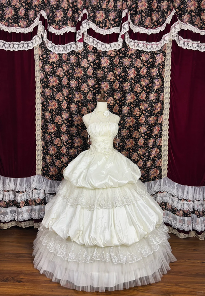 Gorgeous Lace Embroidery Beaded Sweet 16 Quinceanera Strapless A-Line Floor-length Tiered Prom Dress Evening Dress Ball Gown DP6414