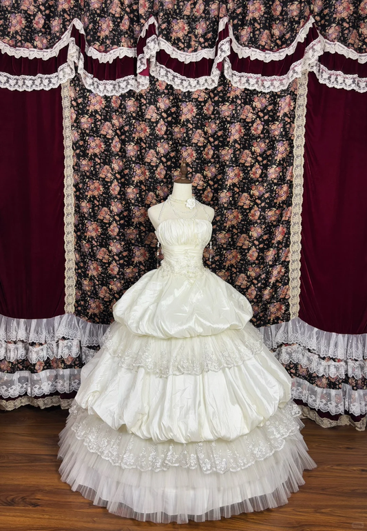 Gorgeous Lace Embroidery Beaded Sweet 16 Quinceanera Strapless A-Line Floor-length Tiered Prom Dress Evening Dress Ball Gown DP6414