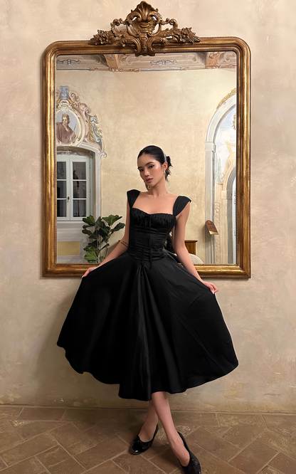 Vintage Black Square-Neck Tea-Length Ruched Bodice Evening Gown DP7400