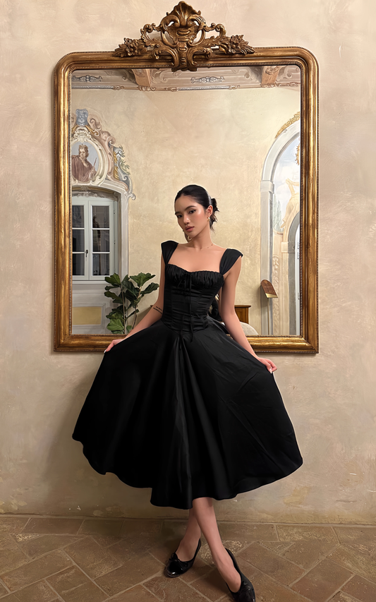 Vintage Black Square-Neck Tea-Length Ruched Bodice Evening Gown DP7400
