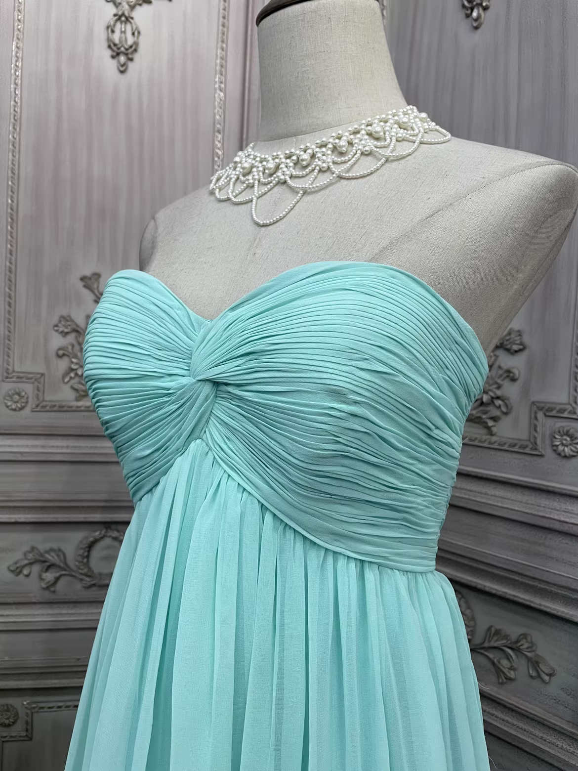 Vintage Mint Green Strapless Sweetheart Chiffon A-Line Evening Gown Ruched Formal Prom Dress DP7596