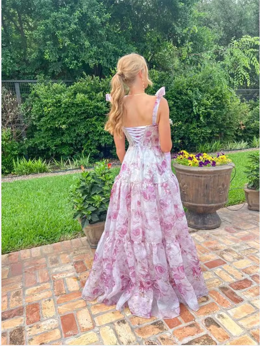 Glamorous Rose Print Bow Shoulder Corset A-Line Evening Dress DP8103