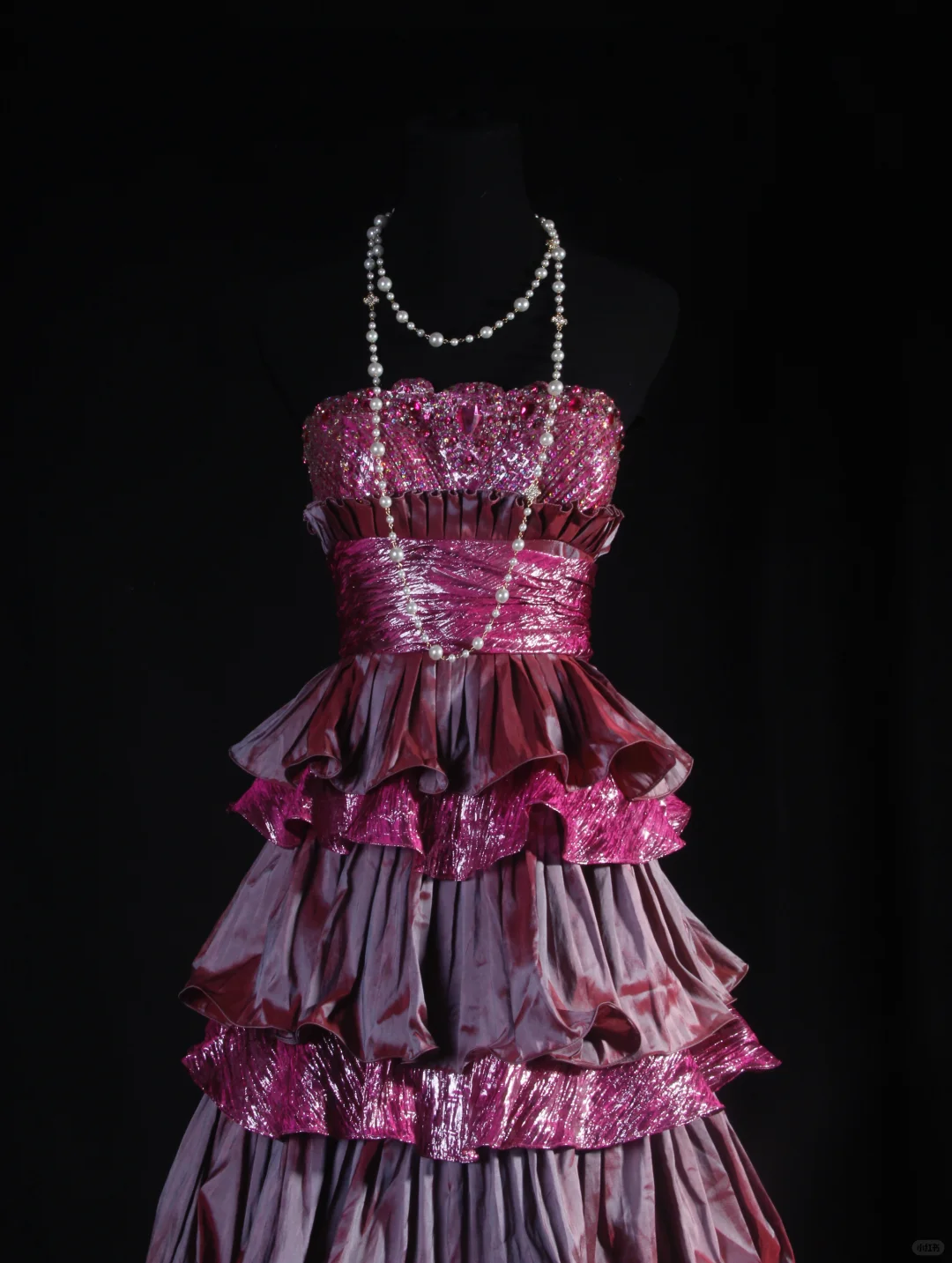 Vintage Fuchsia Strapless Satin Tiered Ruffles A-Line Evening Gown DP7382