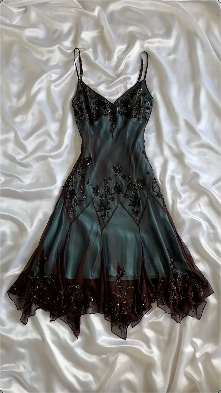 Robe de bal vintage vert foncé brodée de perles, fourreau, col en V, robe de soirée formelle DP6672