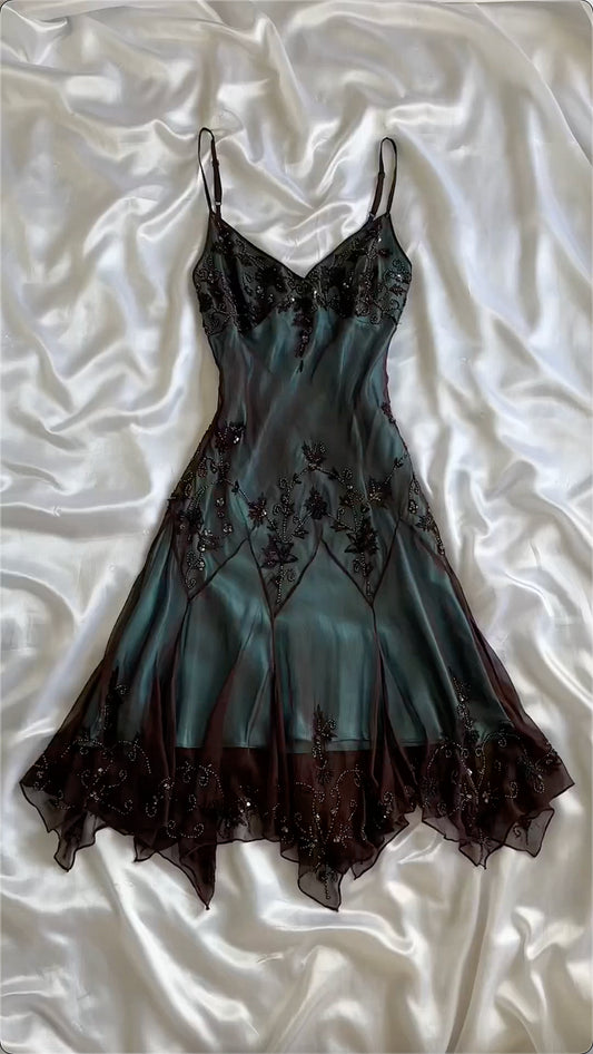 Robe de bal vintage vert foncé brodée de perles, fourreau, col en V, robe de soirée formelle DP6672