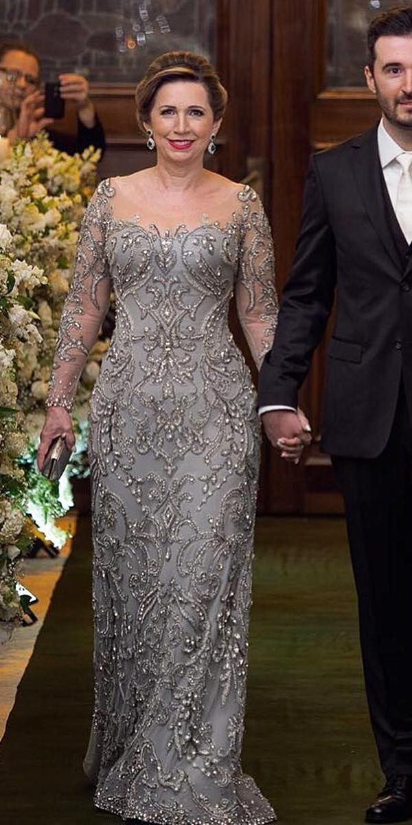 Elegant Silver Grey Beaded Sheer Long Sleeves Embroidered Maxi Mother of the Bride Dress DP7149