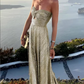 Glamorous Strapless Purple Metallic Pleated Sweetheart Maxi Evening Dress DP8101