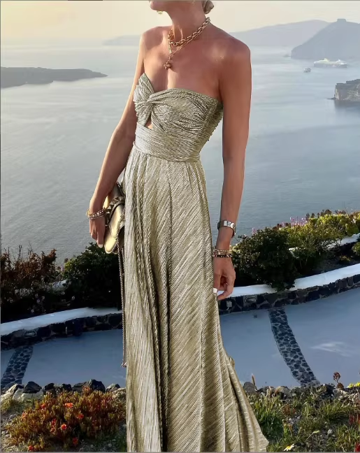 Glamorous Strapless Purple Metallic Pleated Sweetheart Maxi Evening Dress DP8101