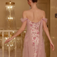 Vintage Off-the-Shoulder Sweetheart Pink Floral Prom Dress Beaded Tulle Evening Gown DP7989