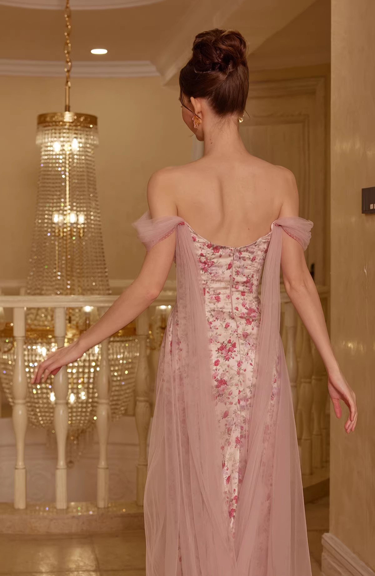 Vintage Off-the-Shoulder Sweetheart Pink Floral Prom Dress Beaded Tulle Evening Gown DP7989