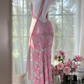 Vintage Pink Lace Applique V-neck Mermaid Prom Dress Evening Dress DP6359