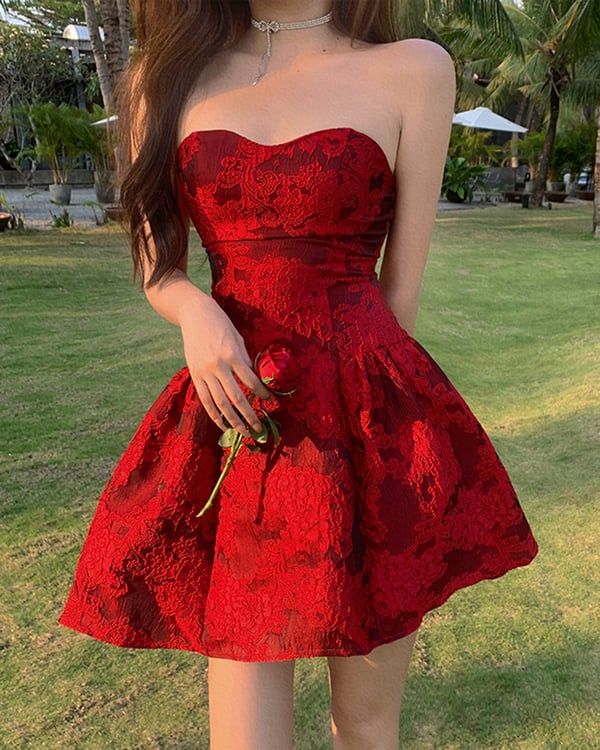 Elegant Sweetheart Strapless Red Jacquard A-Line Homecoming Dress DP8731