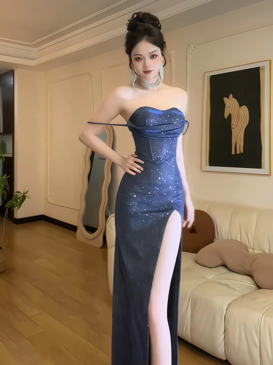 Vintage Marineblau Glänzende Pailletten Liebsten Spaghetti Strap Etuikleid Hoher Schlitz Lange Sommerkleider Ballkleid Abendkleid DP6389