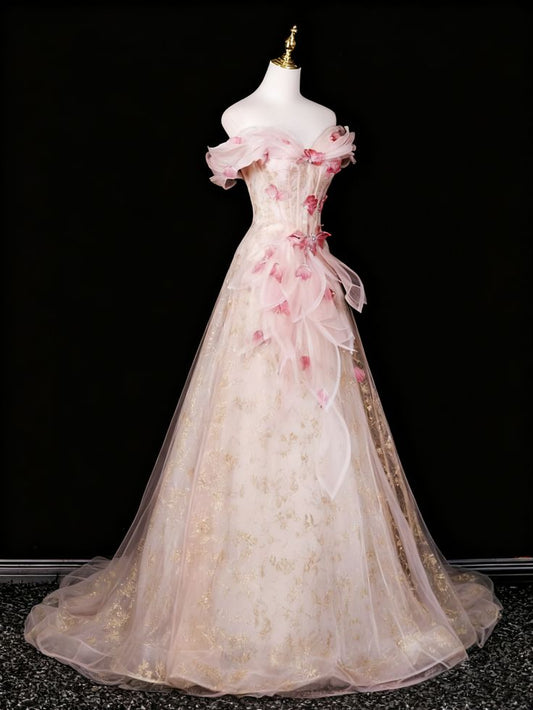 Robe de soirée vintage à épaules dénudées, broderie florale 3D et or, en tulle, référence DP7573