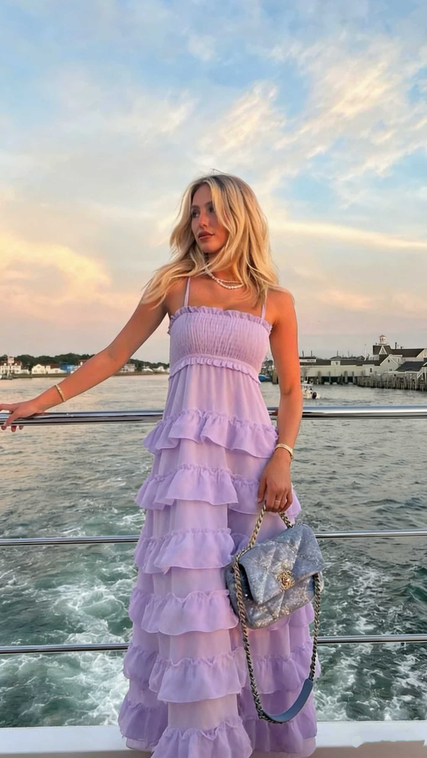 Vintage White Ruched Ruffle Maxi Evening Dress Romantic Tiered Spaghetti Strap Party Dress DP1687