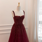 Shiny Burgundy Straps A-Line Long Formal Prom Dress Birthday Outfits, DP3586