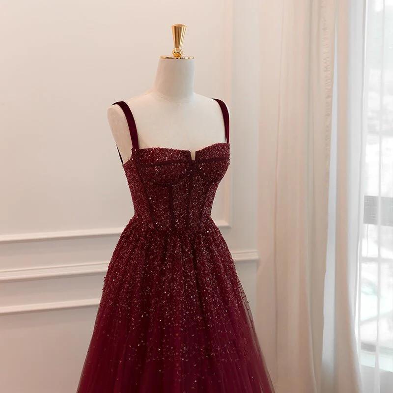 Shiny Burgundy Straps A-Line Long Formal Prom Dress Birthday Outfits, DP3586