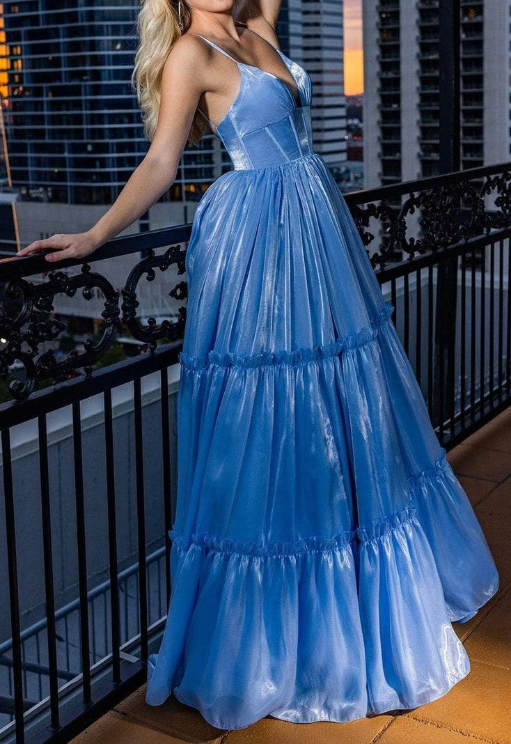 Elegant Shiny Tiered V-Neck Spaghetti Straps Evening Gown Prom Dress DP8163