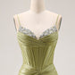 Elegant Olive Green Shiny Satin Spaghetti Strap Mermaid Beaded Sweetheart Evening Gown DP8557