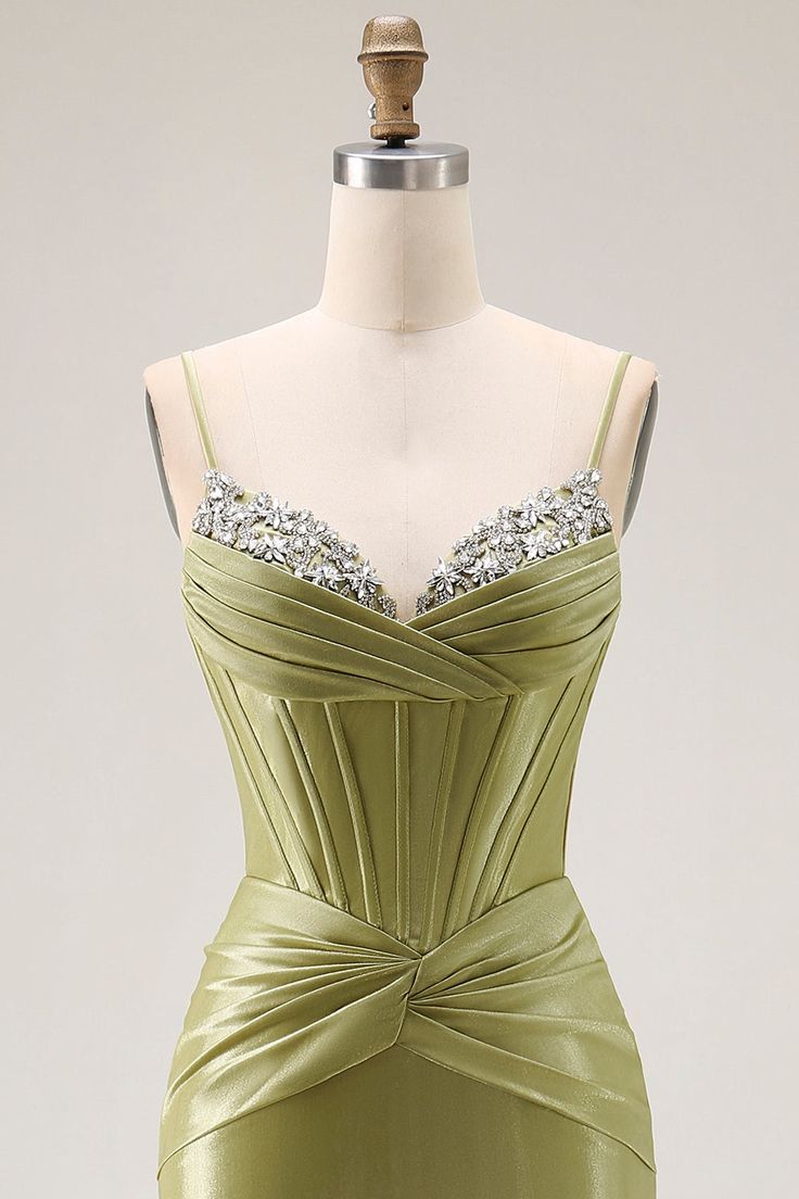 Elegant Olive Green Shiny Satin Spaghetti Strap Mermaid Beaded Sweetheart Evening Gown DP8557