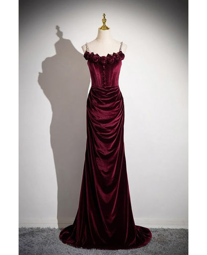 Elegant Burgundy Velvet Mermaid Floral Rhinestone Straps Prom Dress DP8477
