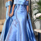Elegant Blue Off-the-Shoulder Beaded Satin Mermaid Prom Gown Evening Dress DP8061