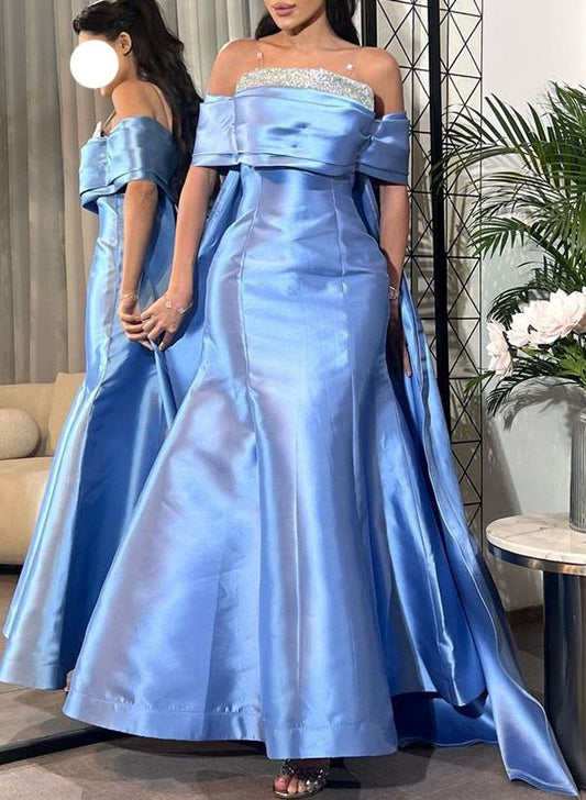 Elegant Blue Off-the-Shoulder Beaded Satin Mermaid Prom Gown Evening Dress DP8061