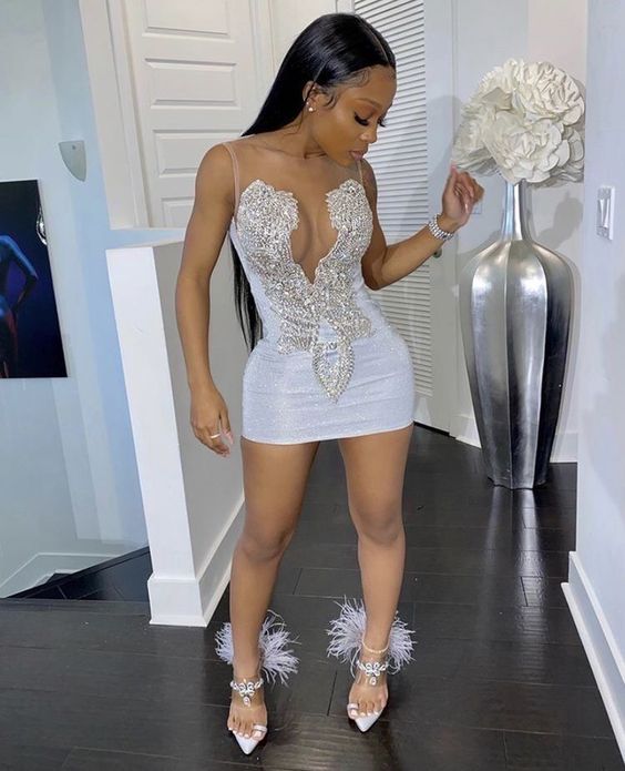Enchanting White Shiny Beaded Bodycon Short Party Dress Cocktail Dress Homecoming Dress DP6471