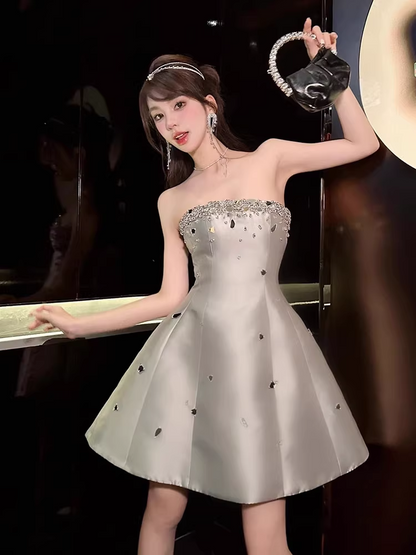Vintage Silvery Beading Strapless Design A-line Party Dress Homecoming Dress, DP5853
