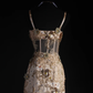 Glamorous Gold Mermaid Spaghetti Strap 3D Floral Sequin Beaded Evening Gown DP7378