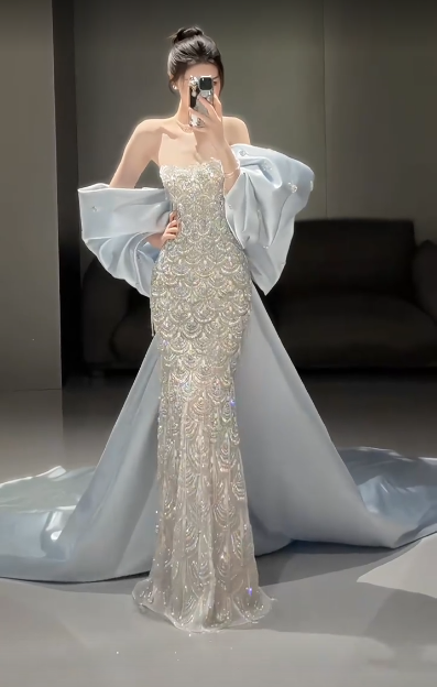 Charmantes glitzerndes Pailletten-trägerloses Meerjungfrau-Langballkleid Partykleid Abendkleid DP6465