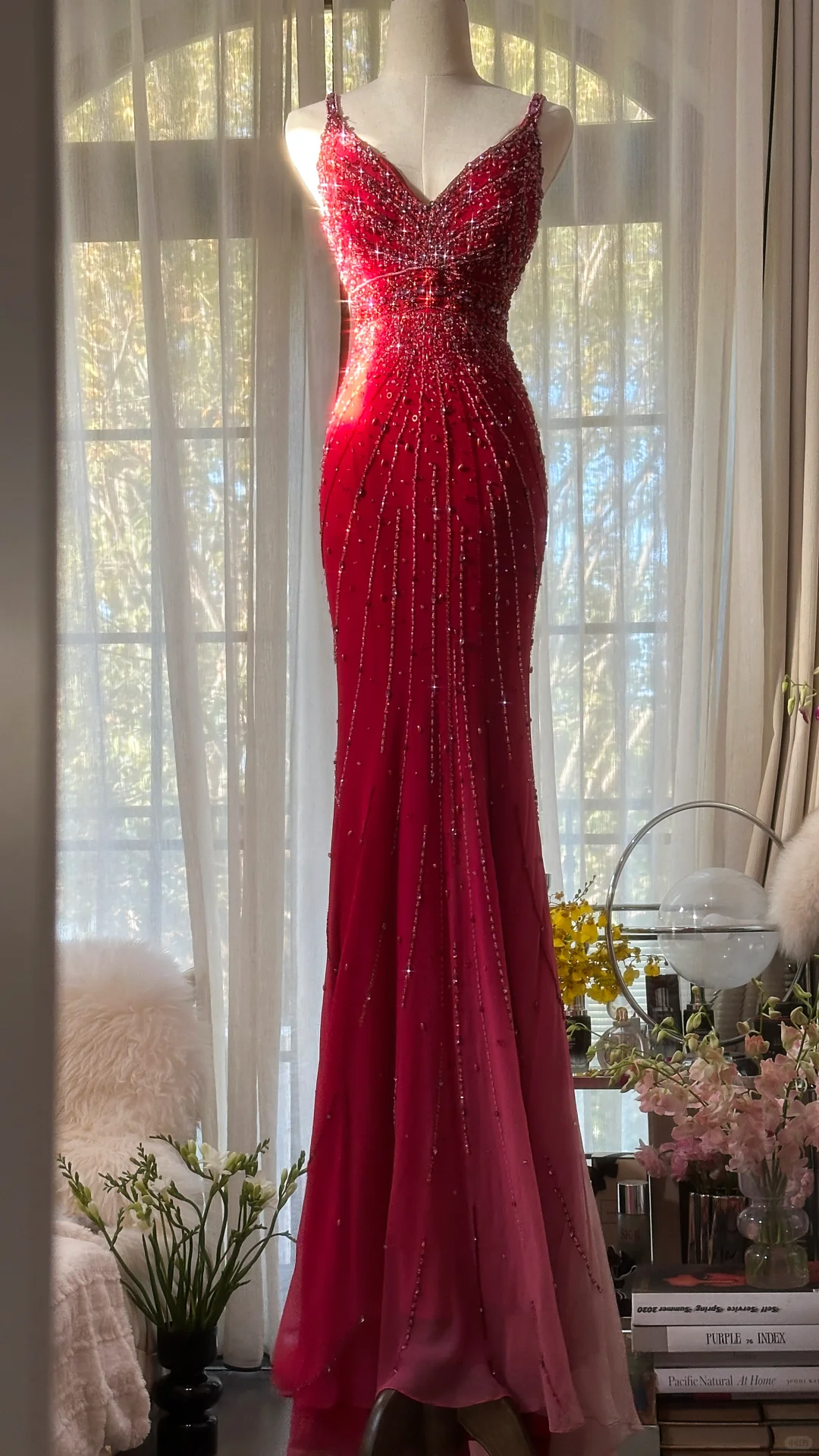 Retro Red V-neck Sparkling Beaded Mermaid Chiffon Ball Gown Evening Dress Prom Dress, DP5976