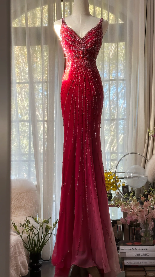 Retro Red V-neck Sparkling Beaded Mermaid Chiffon Ball Gown Evening Dress Prom Dress, DP5976