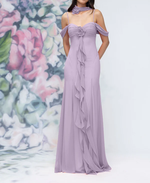 Elegant Off-the-Shoulder Spaghetti Strap 3D Floral Chiffon Neck Scarf Prom Dress DP8461