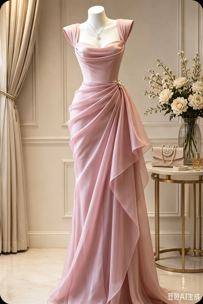 Elegant Pink Draped Chiffon Evening Gown Mermaid Beaded Prom Dress DP8484