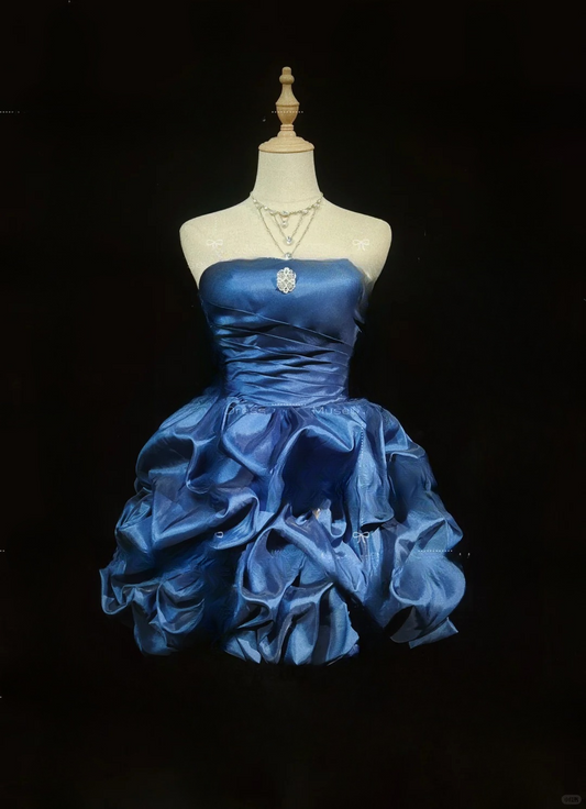 Chic Navy Blue Strapless A-Line Satin Ruffled Homecoming Dress Party Dress Cocktail Dress DP7106