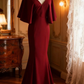 Glamorous Burgundy Mermaid Evening Gown Cape Sleeves V-Neck Formal  Prom Dress DP7661