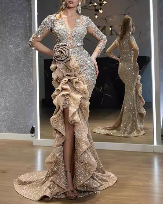 Glamorous Champagne Beaded Mermaid Ruffled High Slit 3D Floral Evening Dress DP8094
