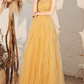 Elegant Yellow Spaghetti Straps Tiered Tulle A-Line Long Prom Dress DP8826