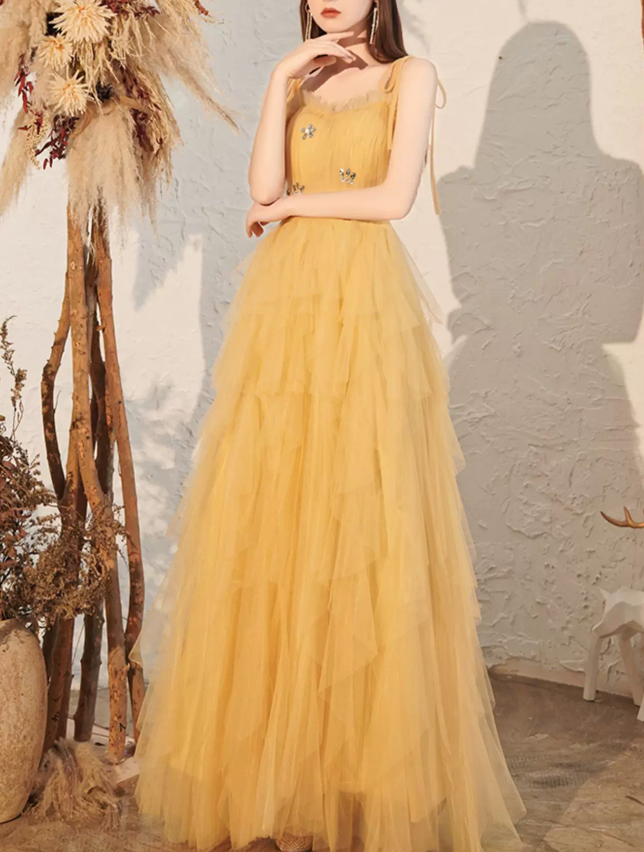 Elegant Yellow Spaghetti Straps Tiered Tulle A-Line Long Prom Dress DP8826