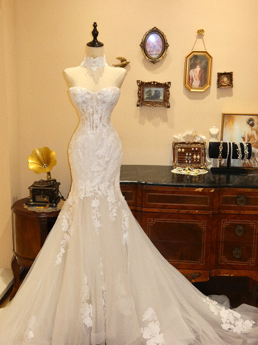 Elegant White Lace Appliques Wedding Dress Strapless Mermaid Tulle Bridal Gown DP7162