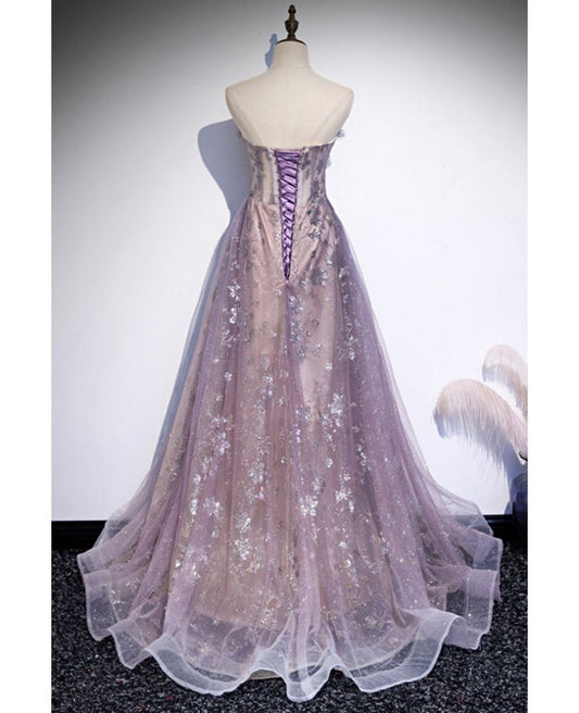 Lavender Strapless Sweetheart Tulle Prom Dress Silver Glitter Embroidery Evening Gown DP8277