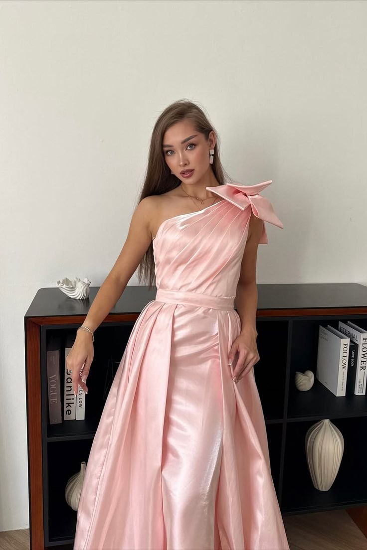 Glamorous Pink One-Shoulder Satin A-Line Evening Gown DP8406