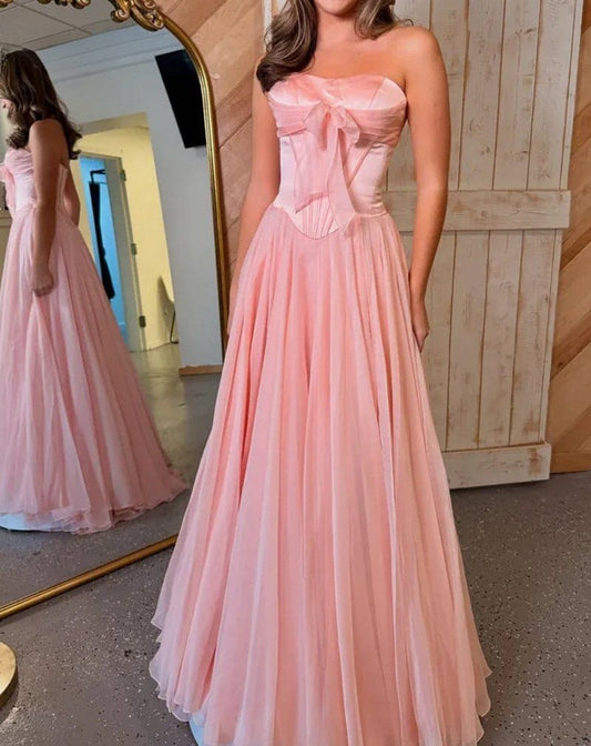 Vintage Pink Trägerloses Korsett aus Chiffon A-Linie Abendkleid DP8450