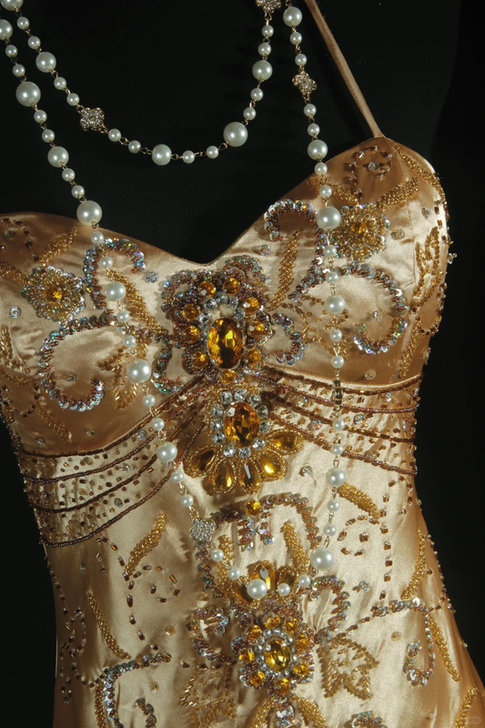 Glamorous Champagne Gold Satin Sweetheart Sheath Beaded Halter-Neck Evening Gown DP7380