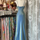 Elegantes blaues Spaghettiträger-Meerjungfrauen-Abendkleid, langes Abendkleid, DP6383