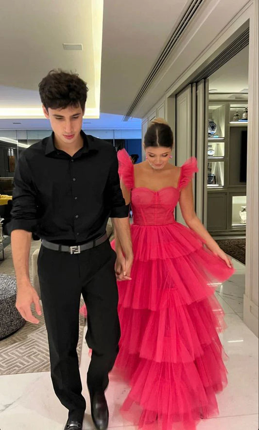 Vintage Hot Pink A-Linie Ballkleid Langes Sweetheart Abendkleid Chiffon Stufenkleid, DP6587