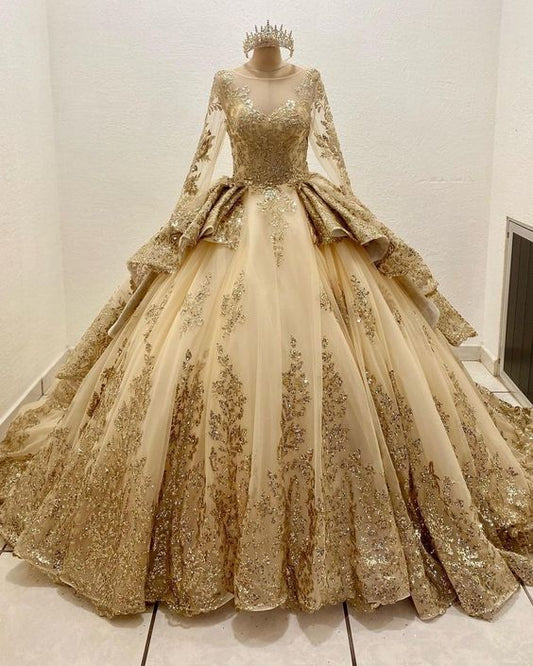 Wunderschönes glitzerndes, goldenes Perlenkleid mit A-Linie und bodenlangem Ballkleid für die 16. Quinceanera, Geburtstagskleid, Abendkleid, Ballkleid DP6451