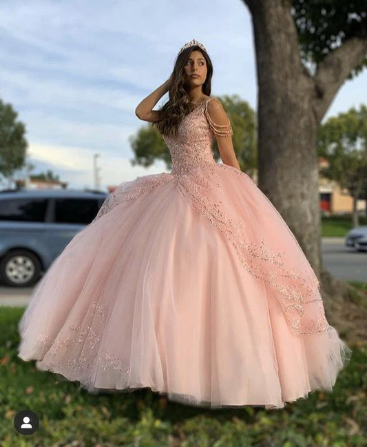 Bezauberndes rosa Perlenbesetztes A-Linien-Tüll-Ballkleid mit bodenlangem Abschlussballkleid, Geburtstagskleid, Abendkleid, Ballkleid, DP6453